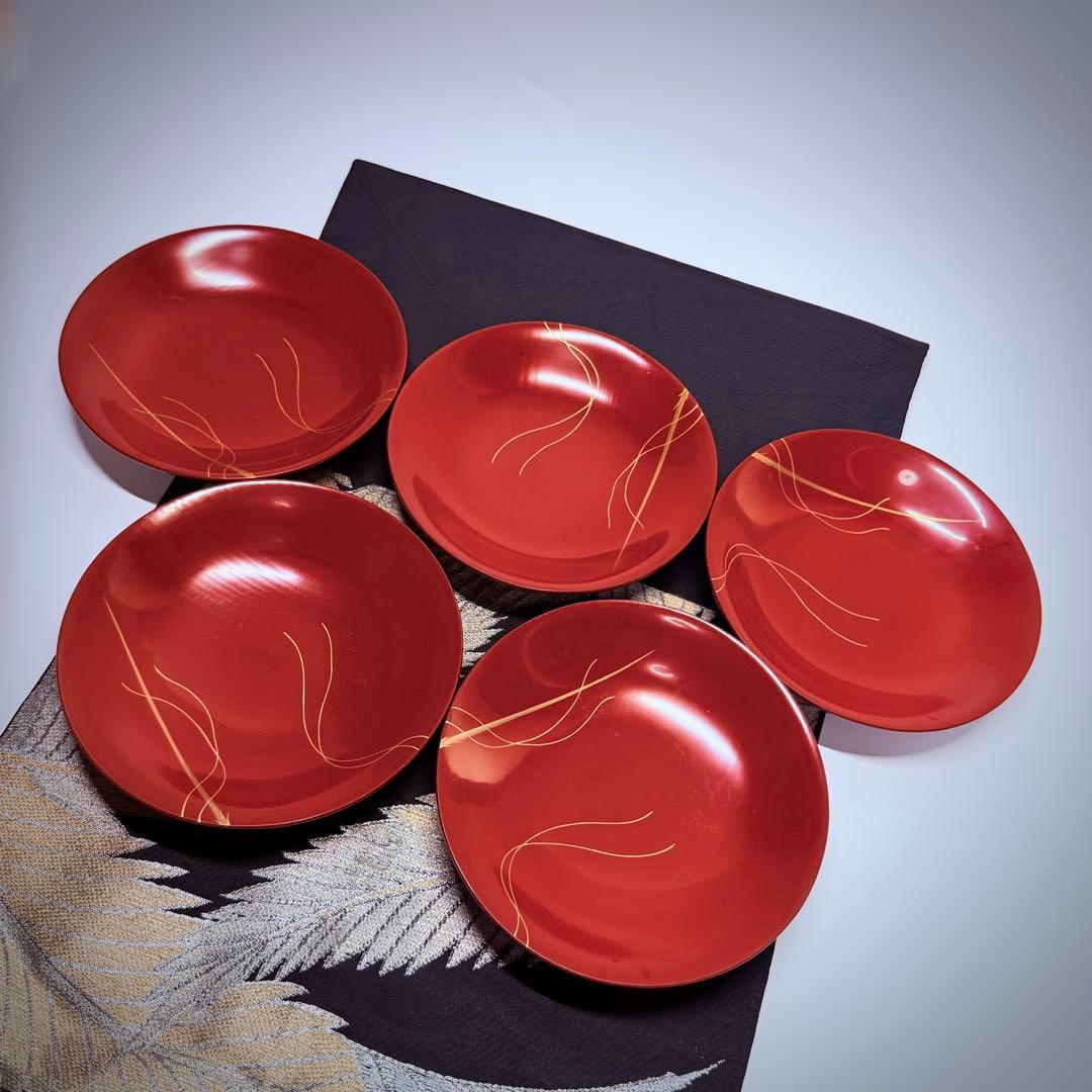 漆器輪島塗　金蒔絵金彩細工伊勢エビ図　木製　蓋付椀　お煮物椀　吸物椀　5客骨董品