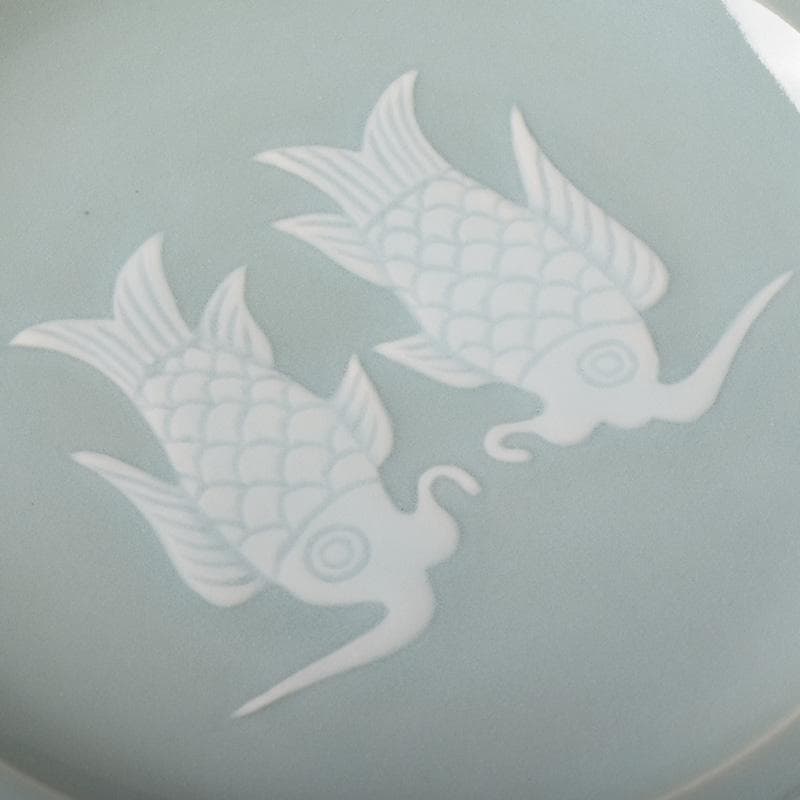 京焼　清水焼　東山窯　宮永東山作　青磁　双魚文　皿　五客　共箱　C　7627