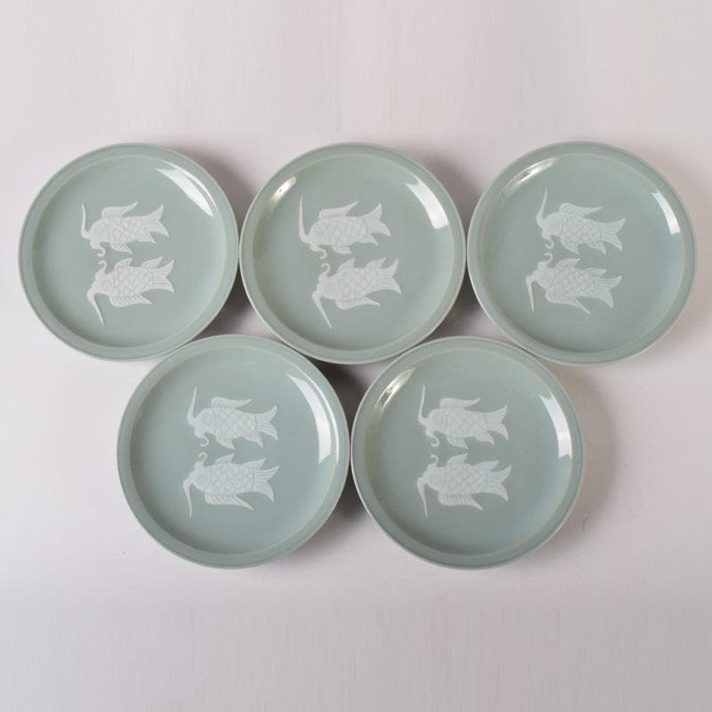 京焼　清水焼　東山窯　宮永東山作　青磁　双魚文　皿　五客　共箱　C　7627