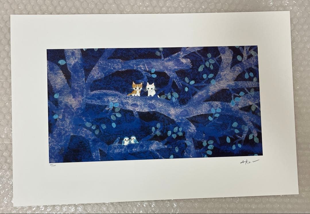 渡辺あきお　猫　小鳥　版画　それぞれの時間