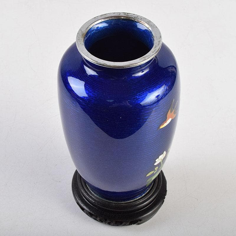 七宝焼　青透釉　花鳥文　花瓶　唐木台・時代箱付　M　R9422