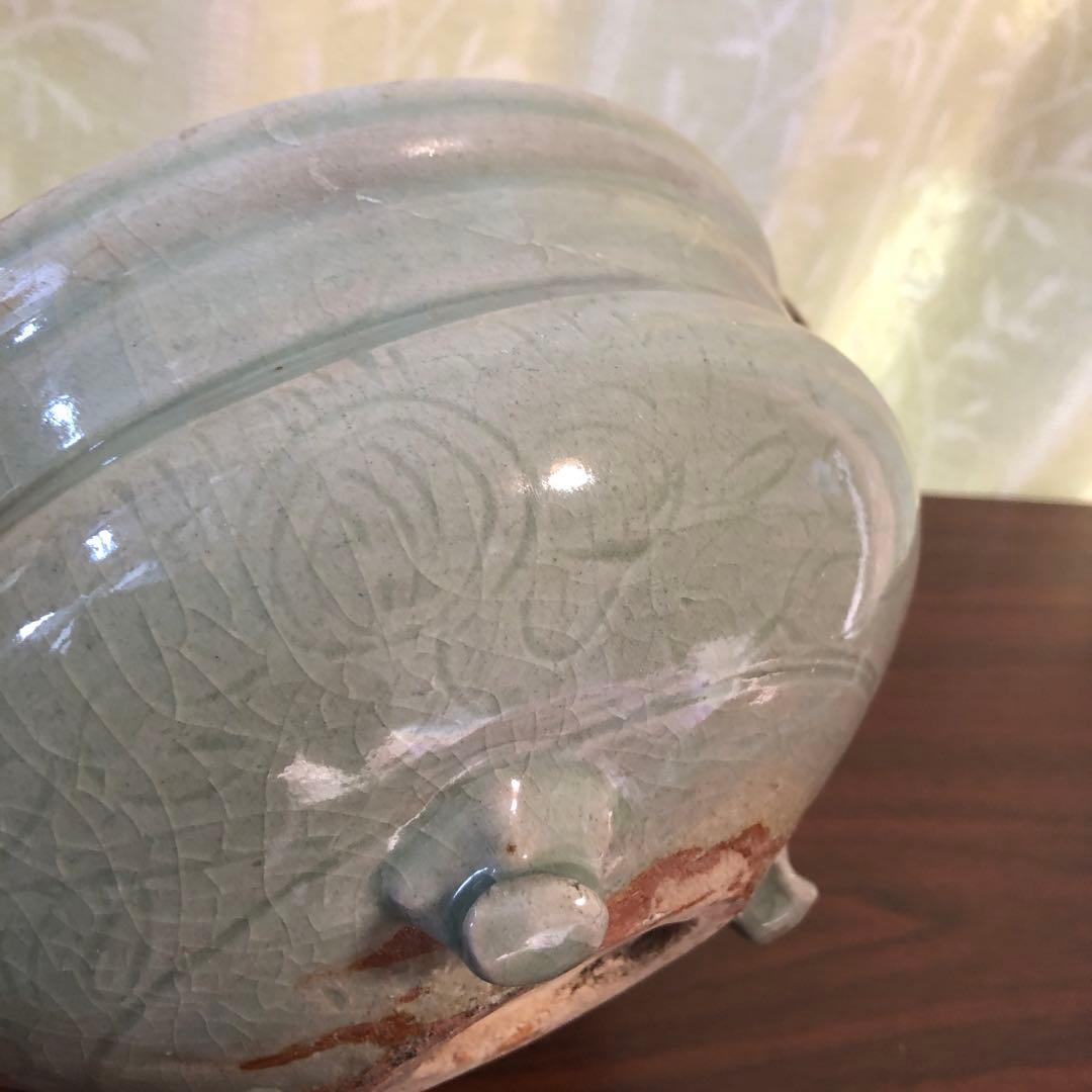 青磁　瓶掛け　香炉大　青磁　三つ足　骨董　茶道具