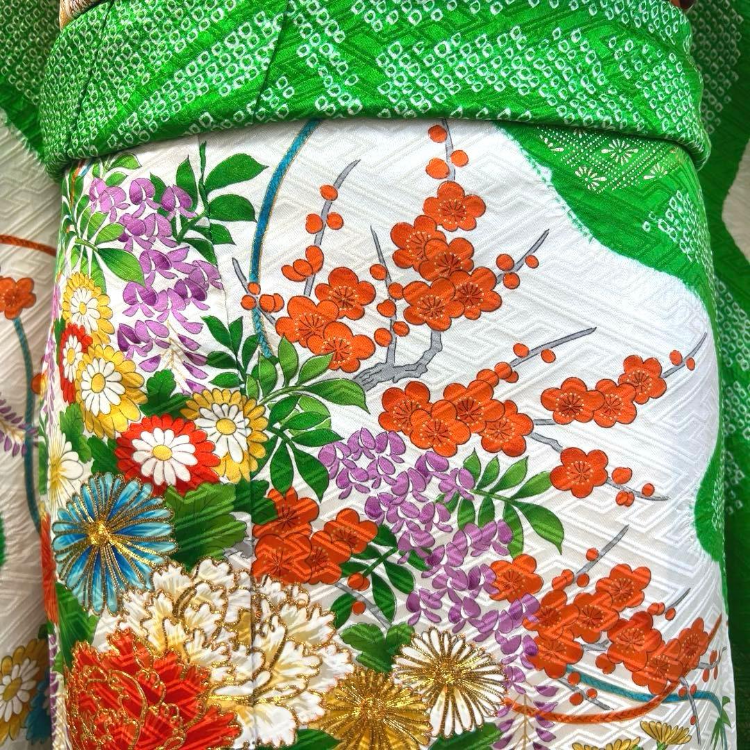 474 振袖フルセット 正絹 緑グリーン オレンジ レトロ 絞り 金彩 駒刺繍