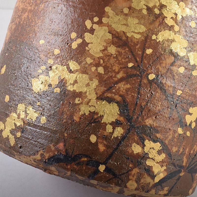 TM 益子焼　吉川水城作　金彩草文水指　共箱　C　7968