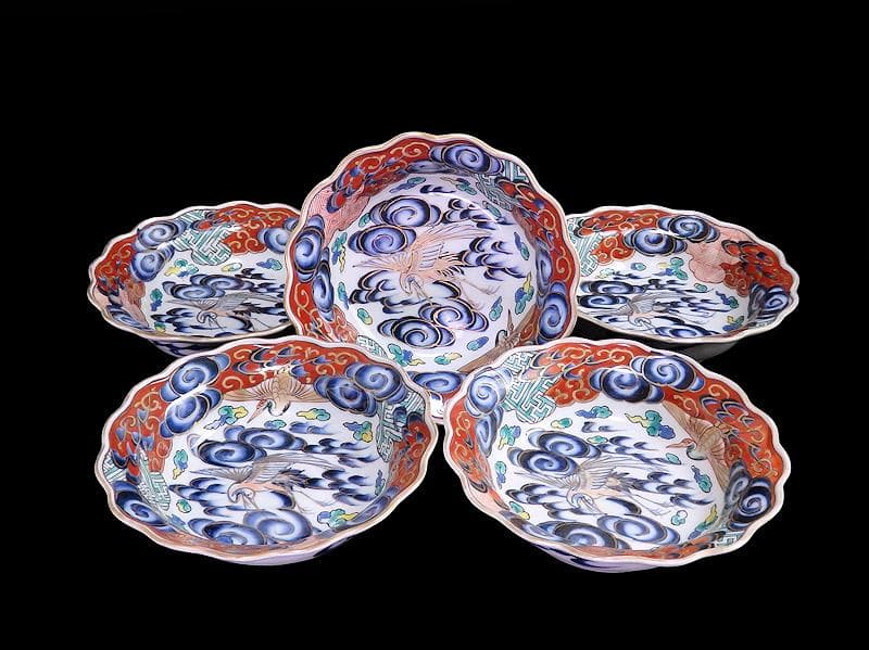 古伊万里　色絵　雲に双鶴の図　輪花膾皿　５客　B145AS-fbuz