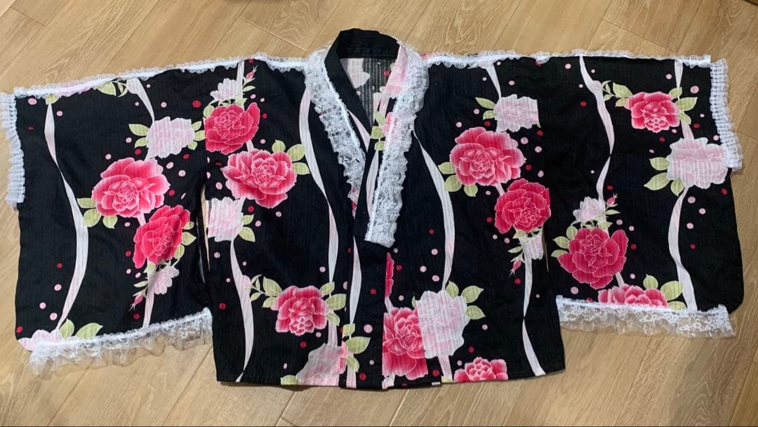 浴衣ドレス　姫ギャル　地雷　量産　平成　花柄　レース　かわいい　バラ　黒ピンク