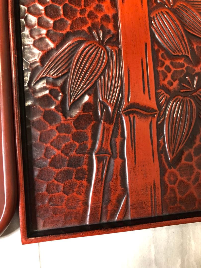 鎌倉彫　菊　竹　お盆　漆器　アンティーク