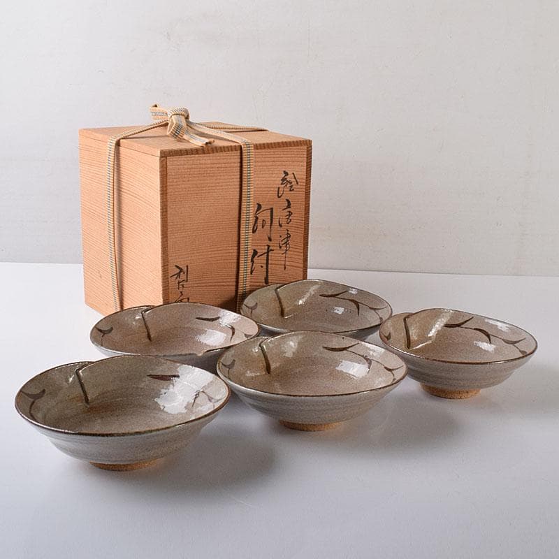 和食器　唐津焼　武村利左衛門作　絵唐津　向付　五客　共箱　V　R8437