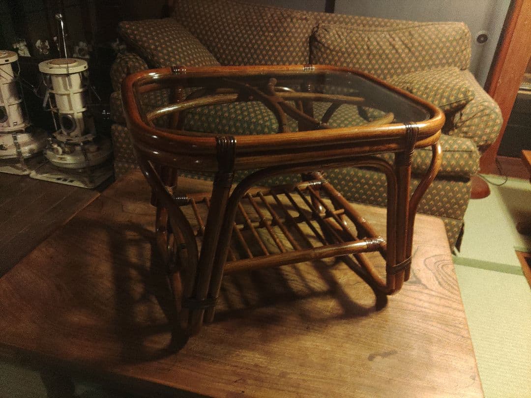 山　美品　ラタン　ガラステーブル　机　サイドテーブル　レトロ