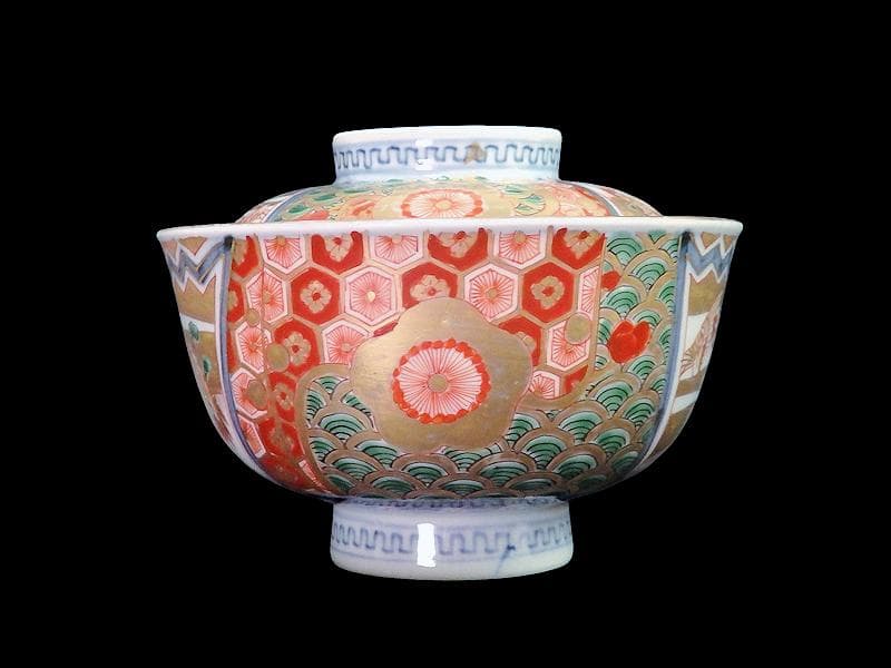 古伊万里　金襴手　亀甲に青海波　舞鶴の図　蓋茶碗　2客　E086AS-DAk