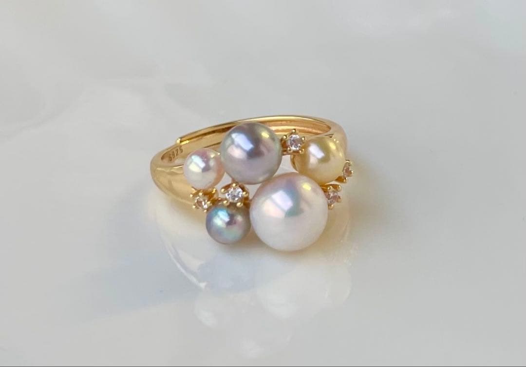 あこや真珠 ミラー調本真珠 s925リング 指輪 マルチカラー 一点物 白の序章