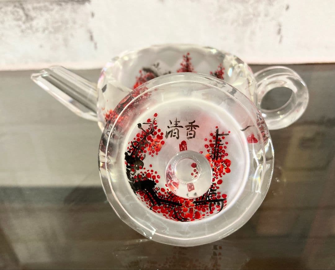 ◇中国ガラス茶器 紅梅図 手描き 清香銘作 ◇