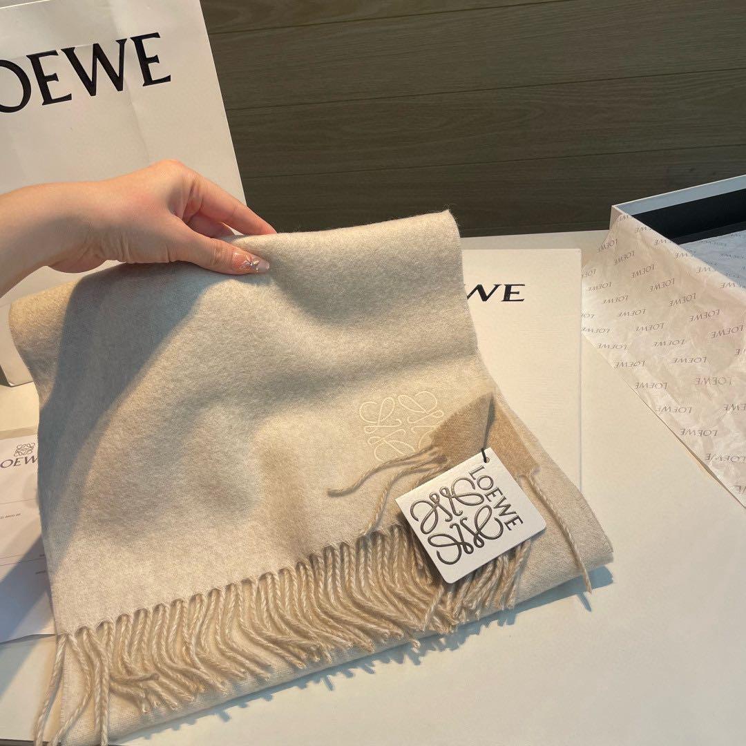 ロエベ マフラー ベージュ カシミヤ フリンジ付き 35×180cm