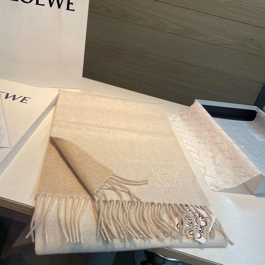 ロエベ マフラー ベージュ カシミヤ フリンジ付き 35×180cm