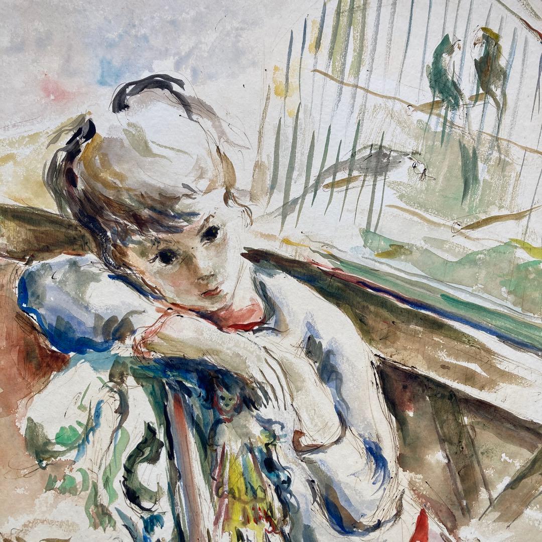 K.L.Crone￼「小鳥と少年」仮題　水彩画額￼約70×63絵￼62×46cm