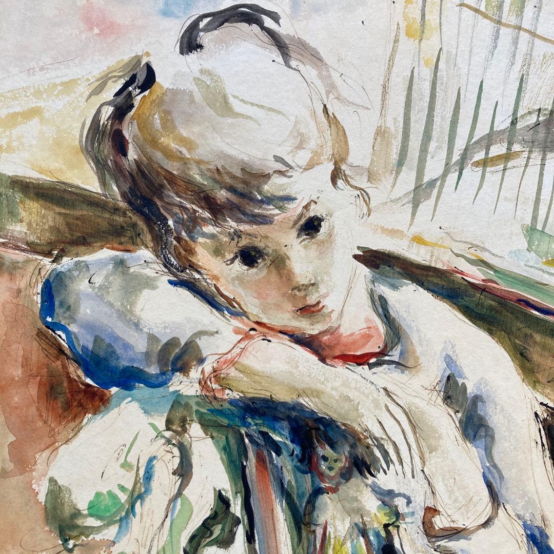 K.L.Crone￼「小鳥と少年」仮題　水彩画額￼約70×63絵￼62×46cm