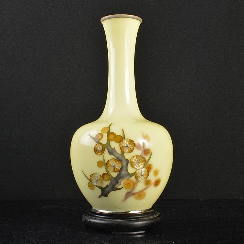 七宝焼　田村七宝工芸　梅文　花瓶　唐木台付　時代箱付　V　R7445