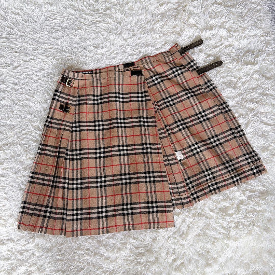 美品✨【バーバリーズ】ウール100%巻きプリーツスカート ノバチェック ベージュ
