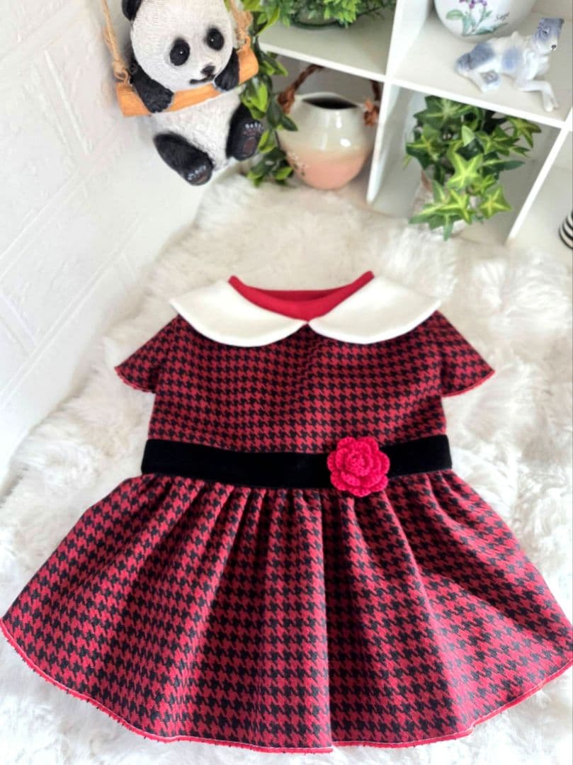 ハンドメイド犬服 赤と黒 ハウンドトゥース柄 フレアスカート