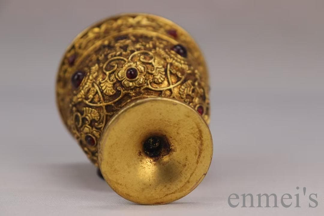 中国古美術 旧蔵清代 鍍金銅酒杯 嵌宝石酒器 精銅製 鍍金 文房 酒具 純手作り