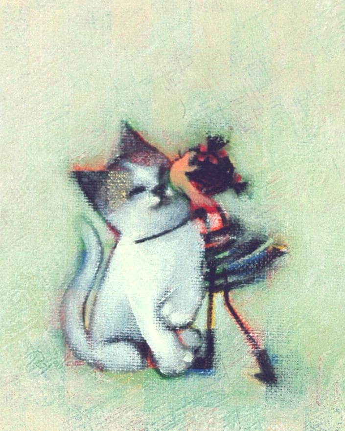 油絵 菅家令子 絵 絵画インテリア 額付(銀) F3-051621 子猫と女の子