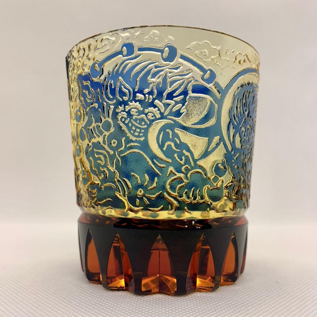 【トミー】江戸切子 オールドグラス 風神雷神に福菱 琥珀ルリ 太武朗工房