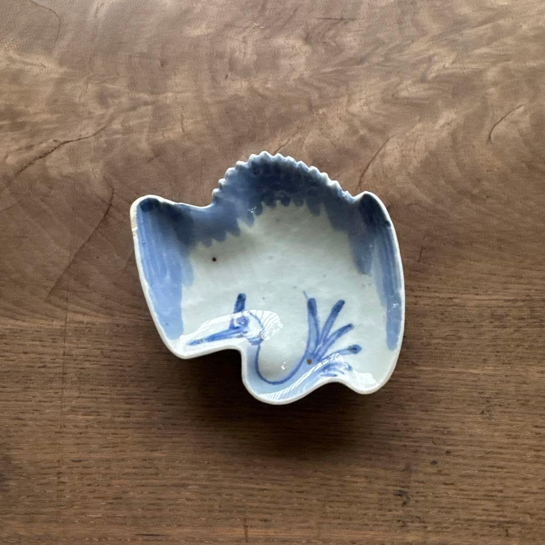 江戸中期　藍九谷　染付鶴形　手塩皿/小皿　変形皿　K338