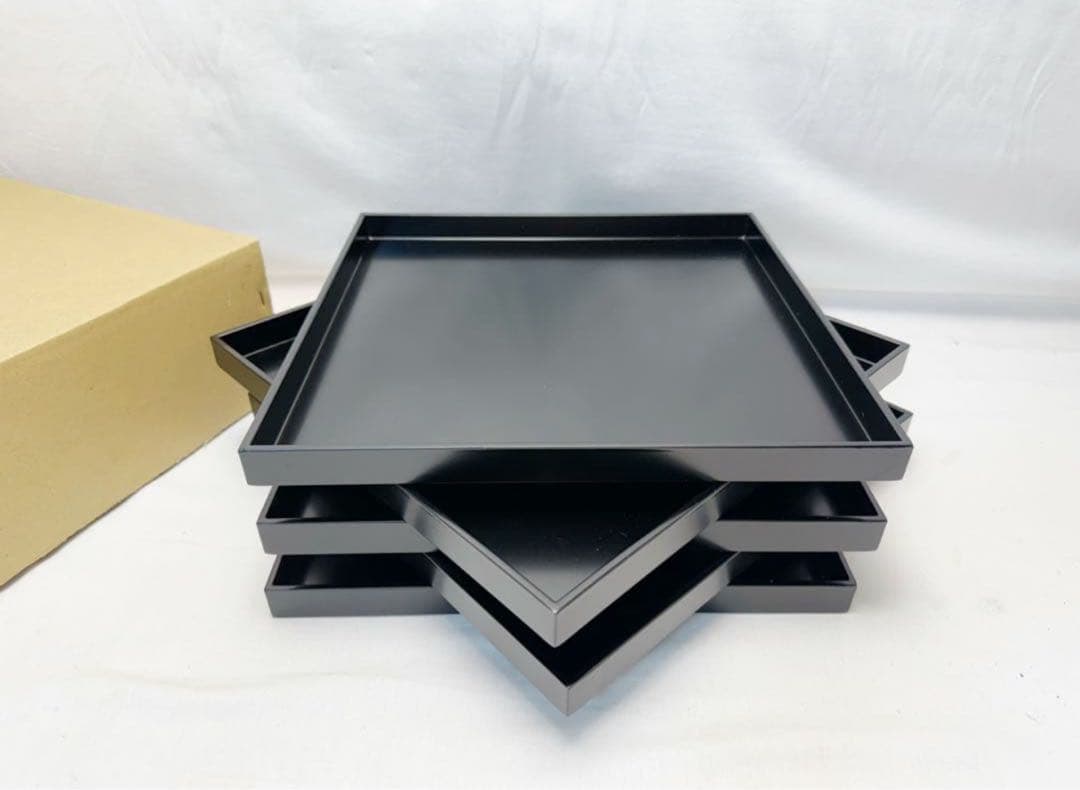 未使用 懐石道具 黒塗 四方膳 会席膳5客 角膳 平膳 元箱