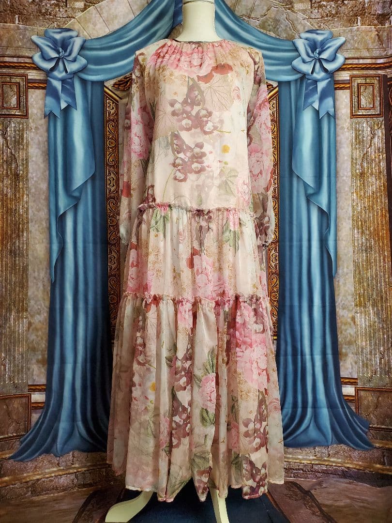 フリー【新品インポートセレクト】花柄シフォンティアードワンピースピンク