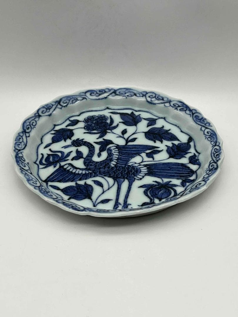 元時代　染付青花牡丹鳳凰花鳥文洗　輪花盤　古染付皿　唐物(A-79)