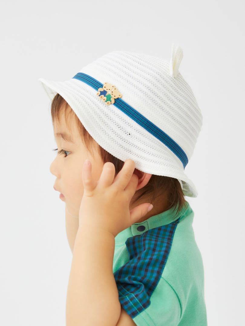 ファミリア クマ耳付き麦わら帽子 45-47 サイズ02 青系ファミリアチェック