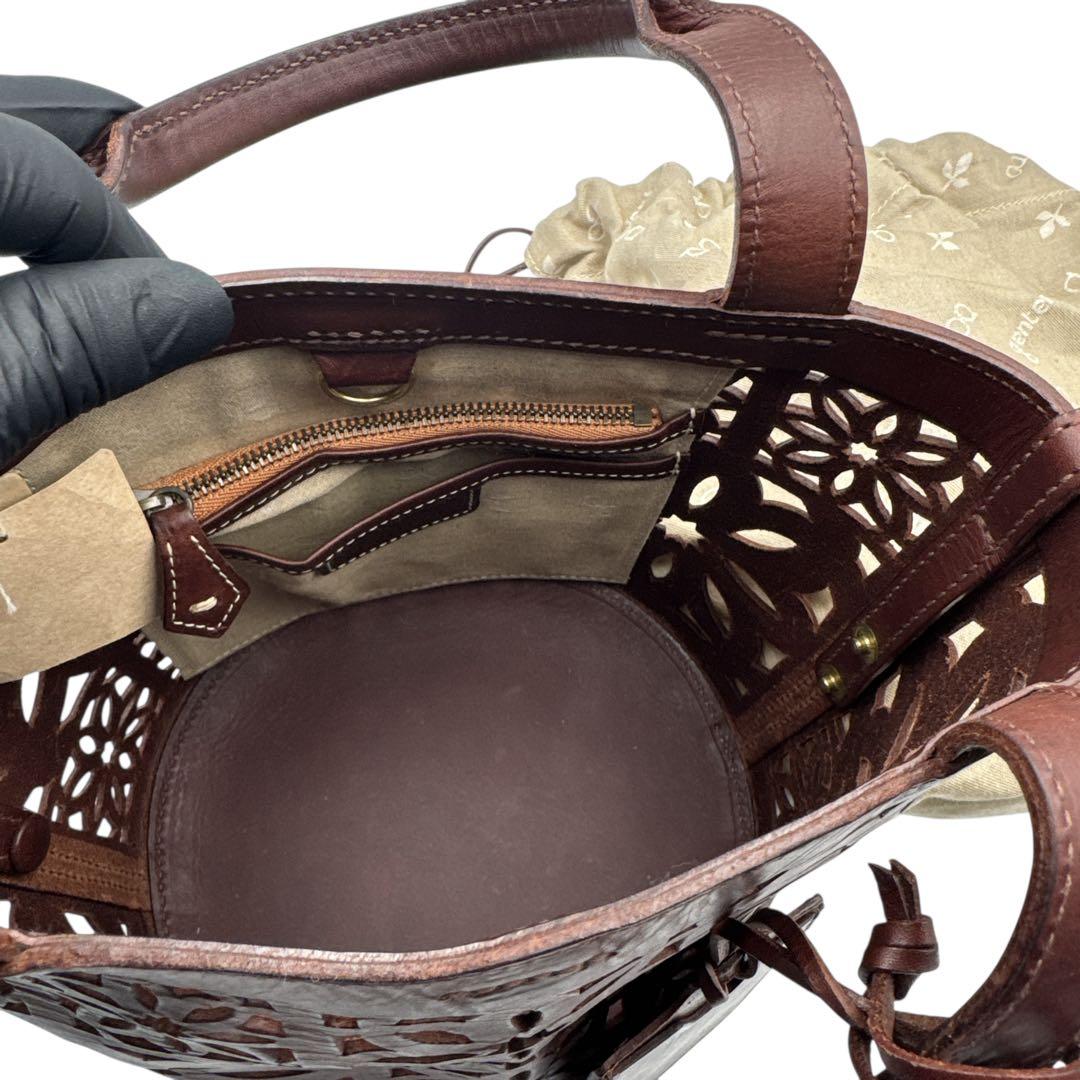 新品未使用 genten ゲンテン カットワーク ハンドバッグ 巾着付 茶 本革