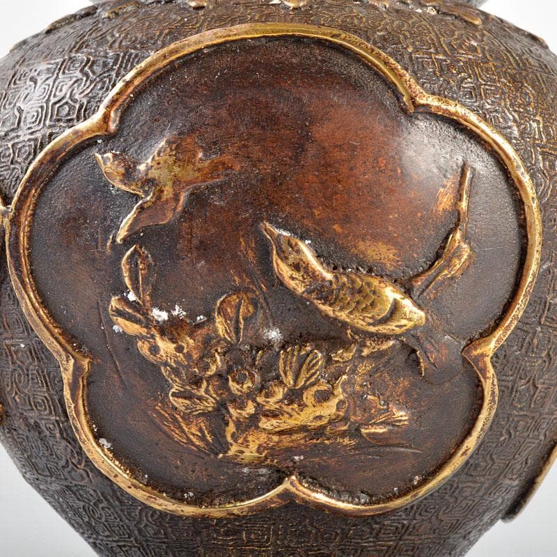 中国　乾隆年製　古銅鍍金　龍鳥文瓶　M　R4597