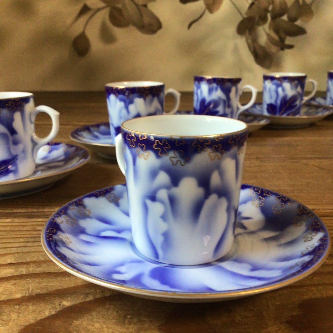 No4397 深川製　珈琲碗皿揃　牡丹金ミル　6客　共箱　有田焼　送料無料