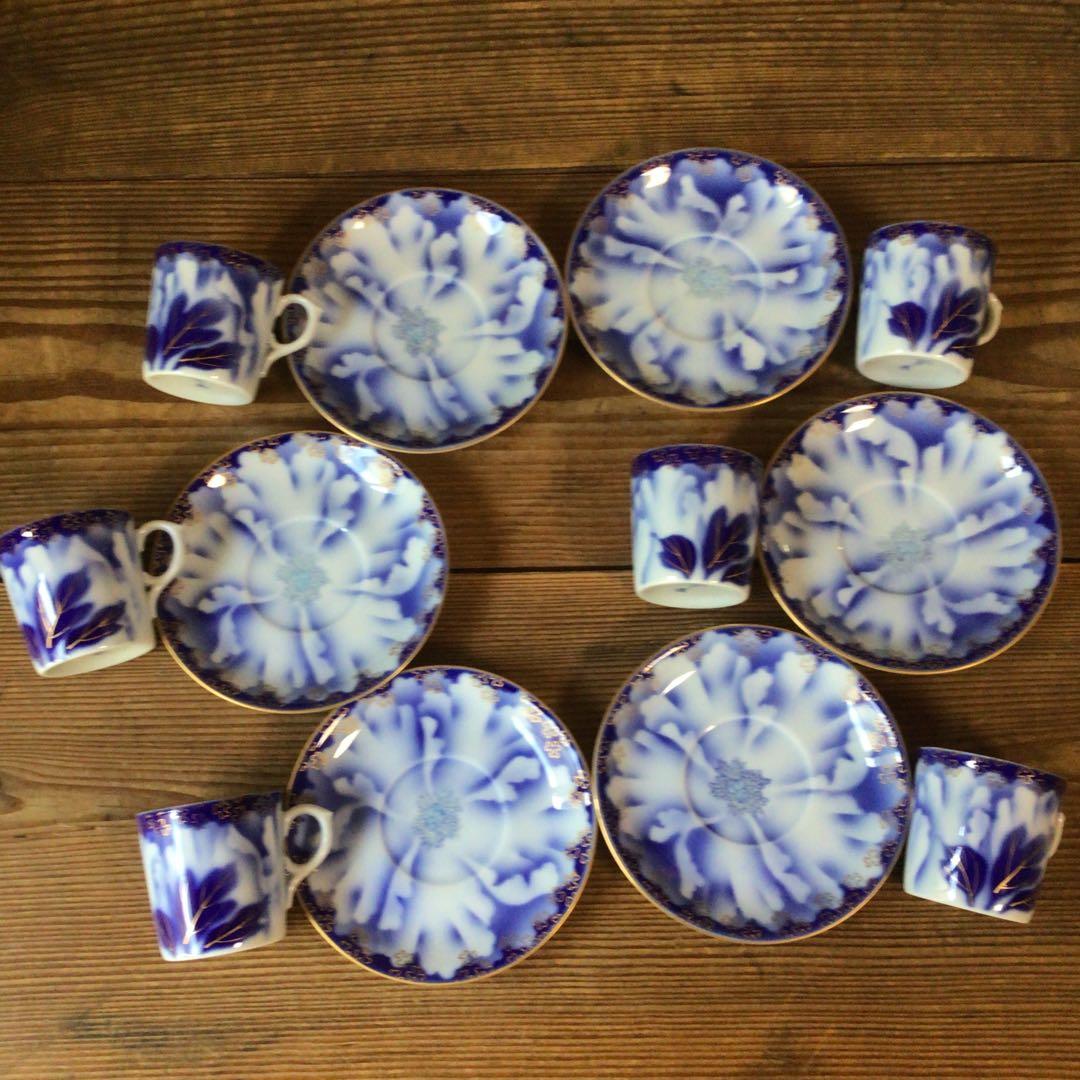 No4397 深川製　珈琲碗皿揃　牡丹金ミル　6客　共箱　有田焼　送料無料