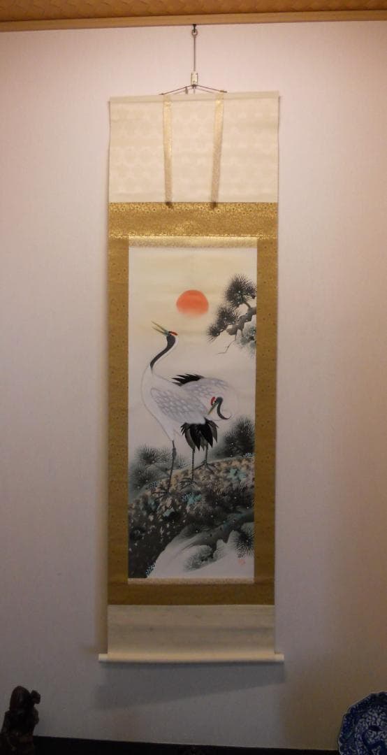 掛け軸 紫洲 松上鶴之図 中島清堂 識箱 絹本 希少 軸装 茶道具 掛軸 美品