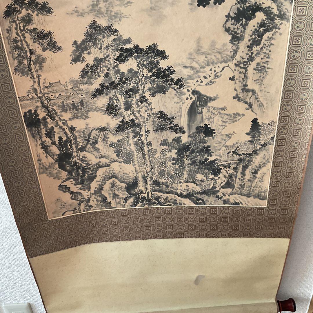 中国画 紙本水墨山水図 落款印譜在 作者不詳 軸先木細工