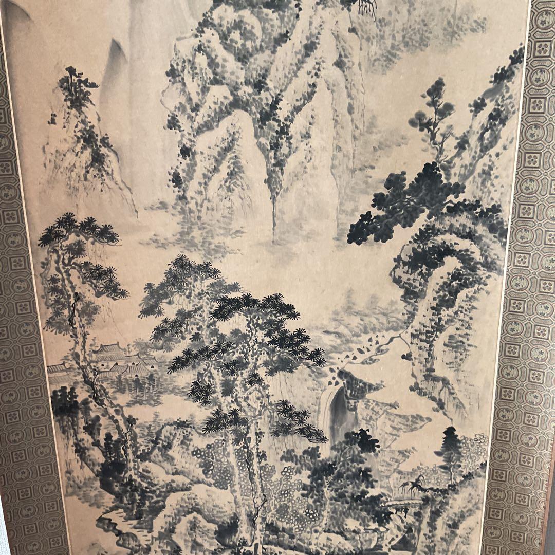 中国画 紙本水墨山水図 落款印譜在 作者不詳 軸先木細工