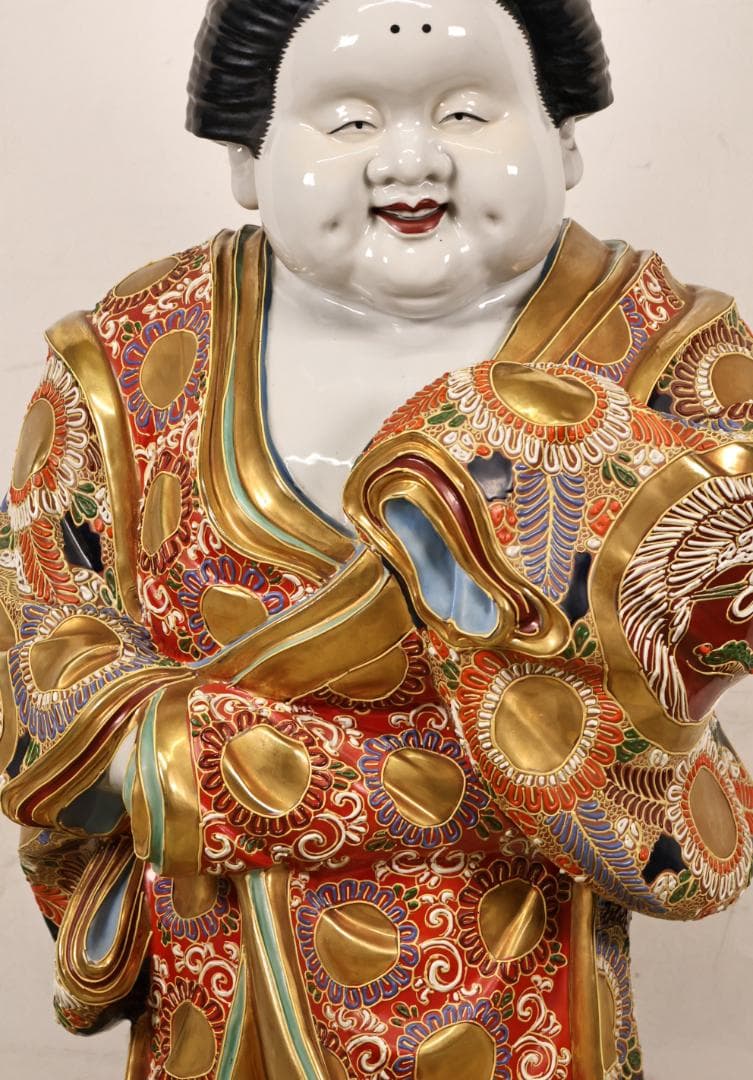 九谷焼 八幡窯 色絵金彩龍図　お多福 像　お福　置物　高さ約77cm　BK67
