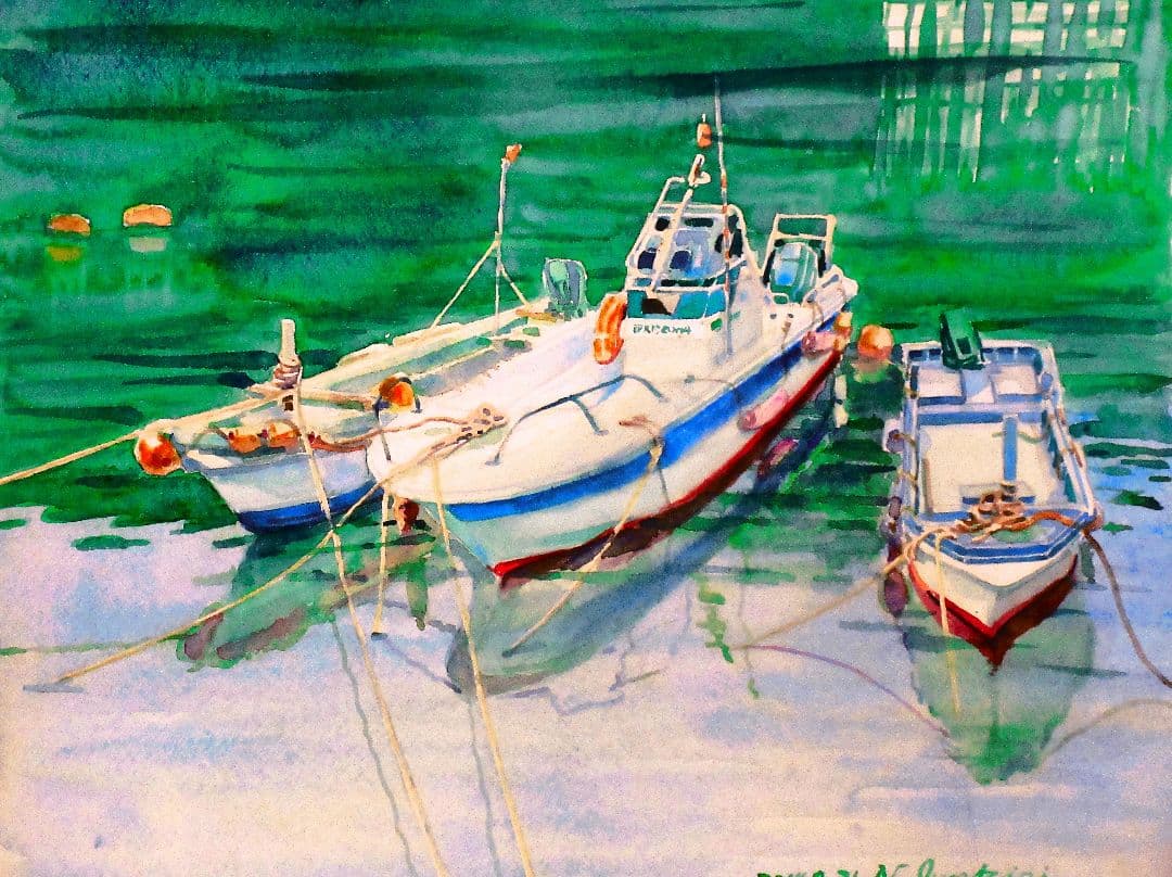 水彩画のボート額装済み