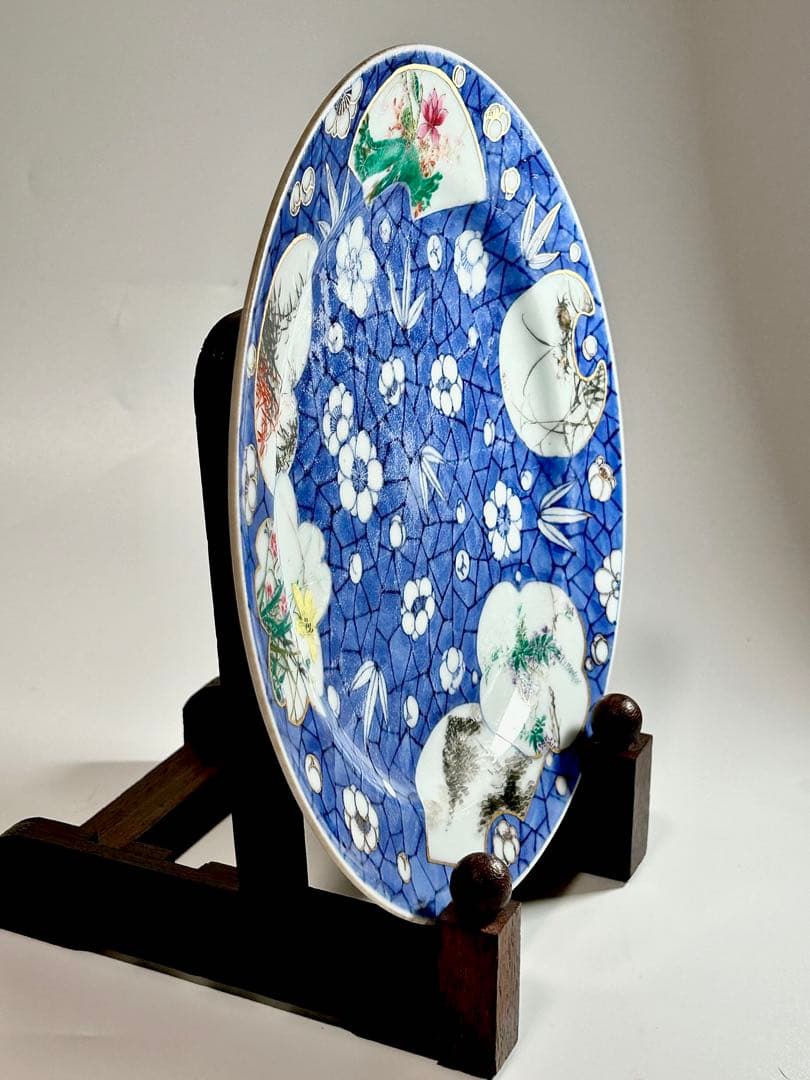 明治京焼の先駆者 幹山伝七 染錦梅花氷裂文八寸皿 湖東焼 京焼 清水焼