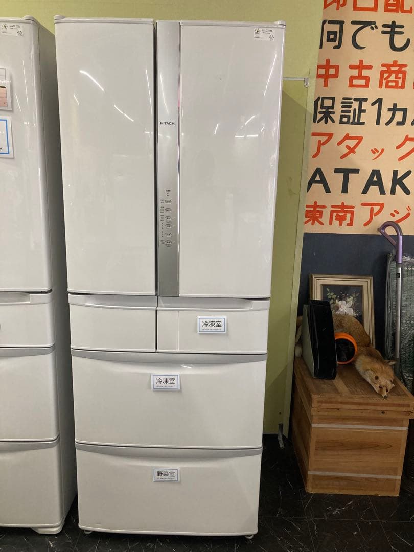 中古6ドア大型冷蔵庫HITACHI ノンフロン冷蔵庫 2018年製直接