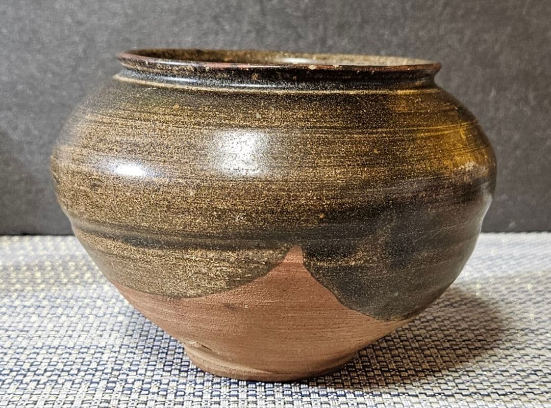 【時代古作品❗】古唐津　灰釉　褐釉　丸壺 　花入れ　花生け　茶道具　茶器　無傷！