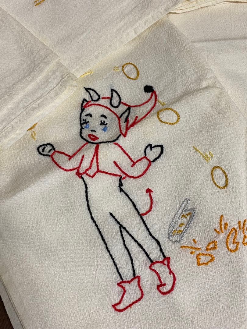 40s'50s'ビンテージデビル刺繍ナプキン、リネン生地 大判古着ファーマーズ