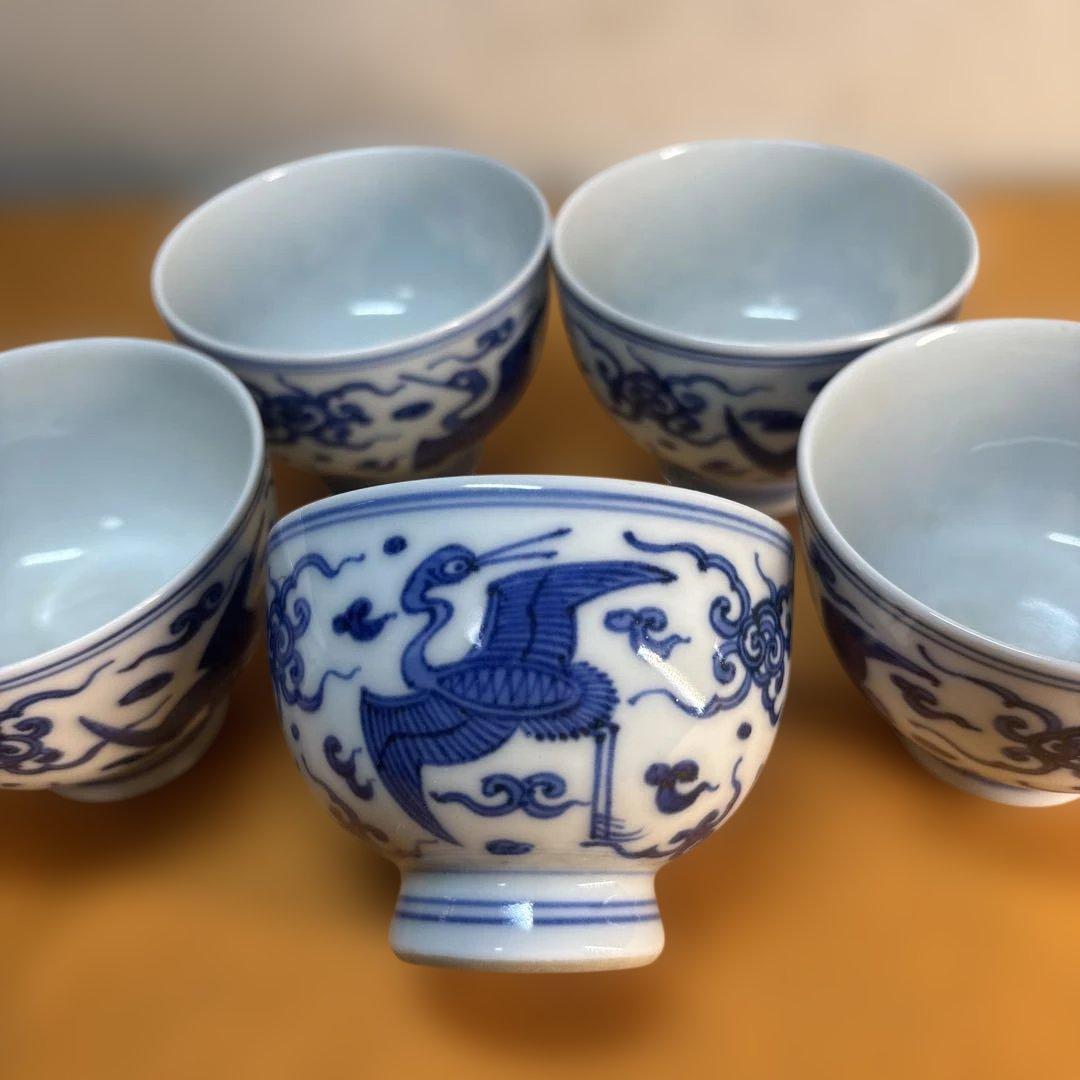 茶道具 京焼　華中亭道八製 染付青花茶碗 5点セット