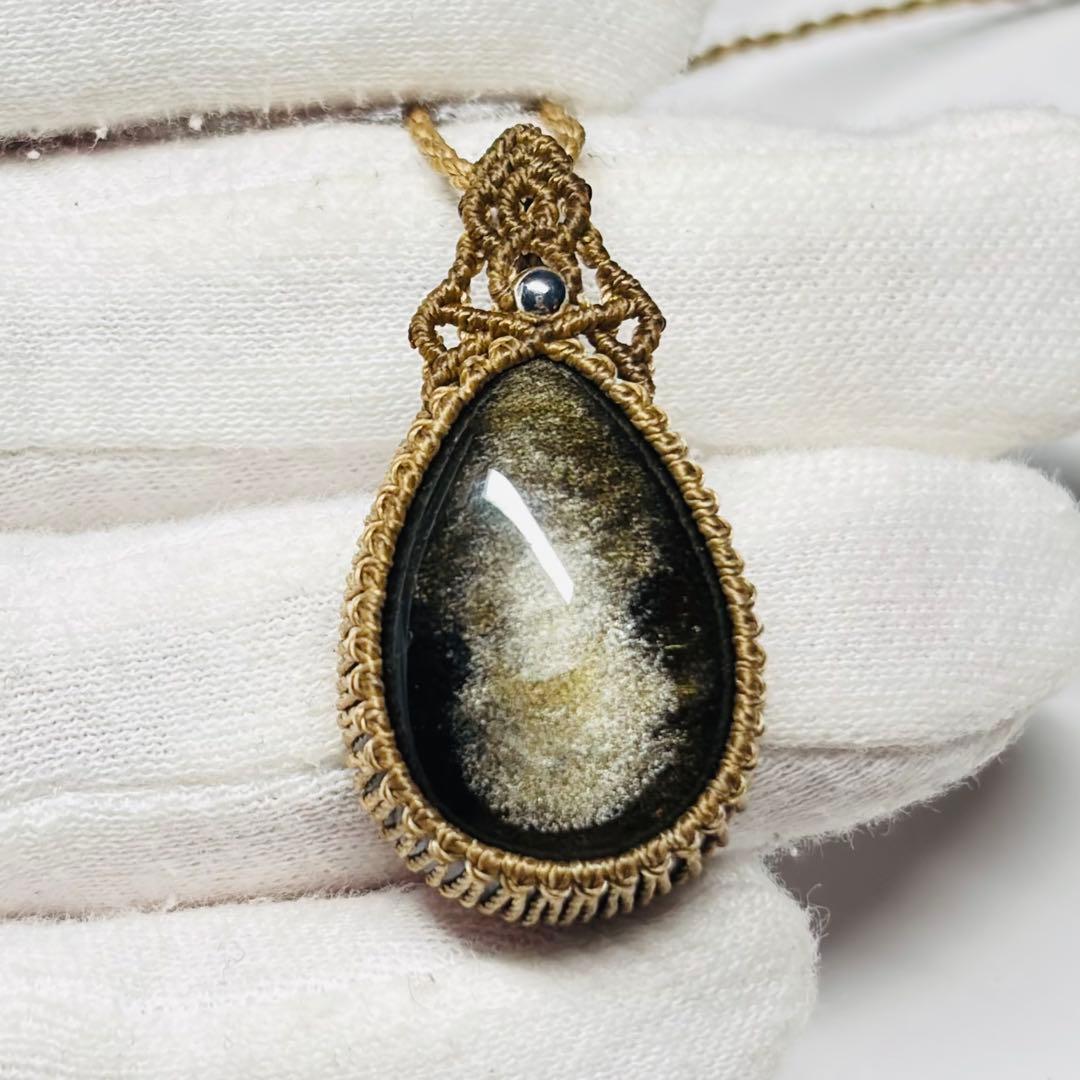 #2096 ♡ゴールドオブシディアン&フロスト水晶天然石♡マクラメネックレス