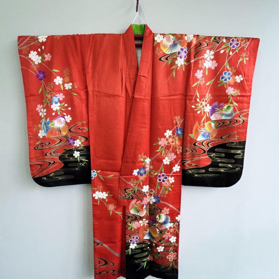 セット七五三 ７歳女の子 長着＆袖なし長襦袢＆帯＆小物　赤×黒　オシドリ　伊達衿