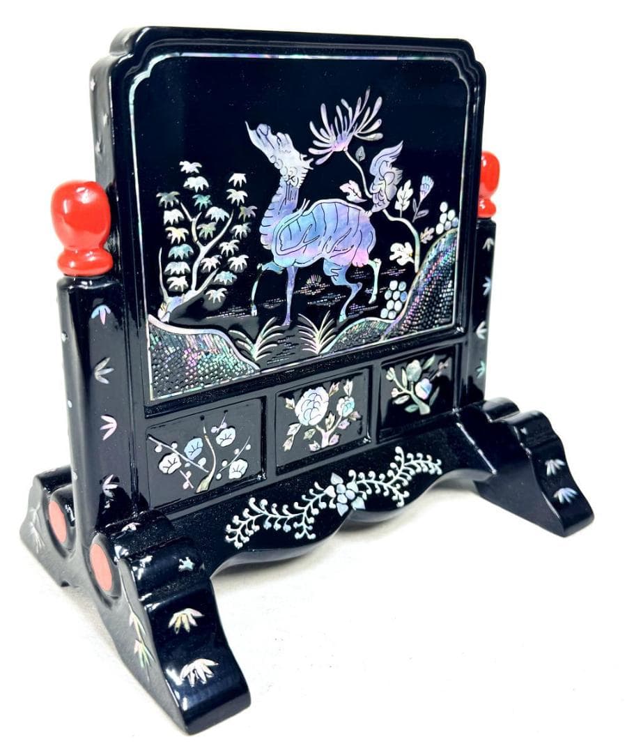 清時代 木製黒漆 青貝螺鈿装飾 山水人物麒麟神獣文 硯屏 衝立 WWWT107