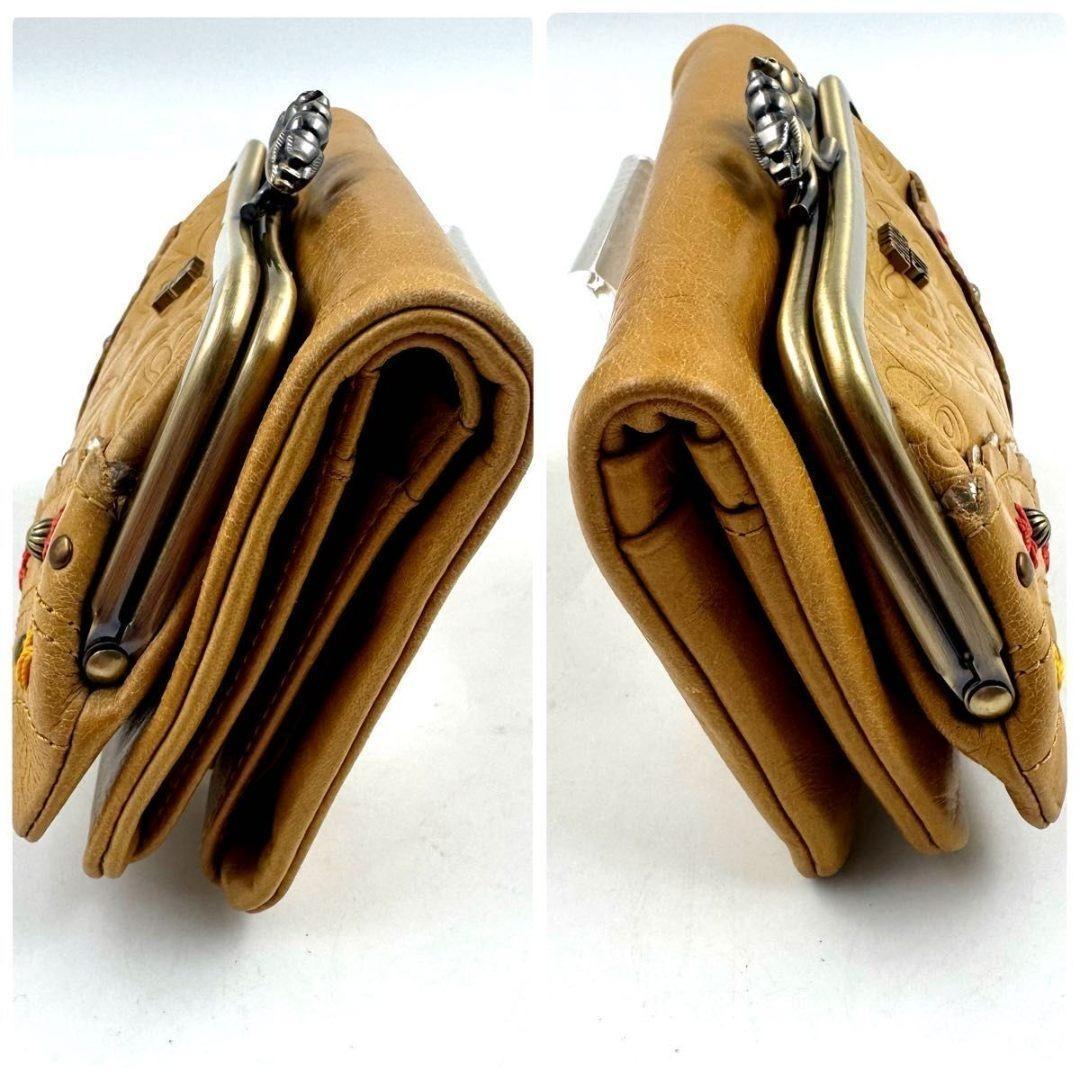 ANNA SUI　リトルバード　がま口　二つ折り財布　ゴールド金具　黄　レザー