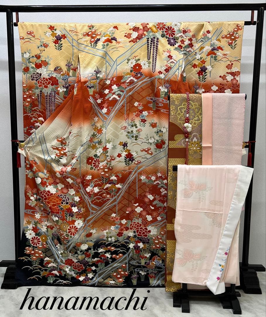 振り袖　フルセット　別誂長襦袢　金彩加工　刺繍入り　振り柄有　川島袋帯　　691